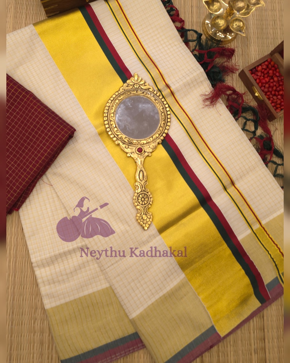 DarkGreen & Maroon - Checked Kasav With Tassels - Kara With Kasav SS