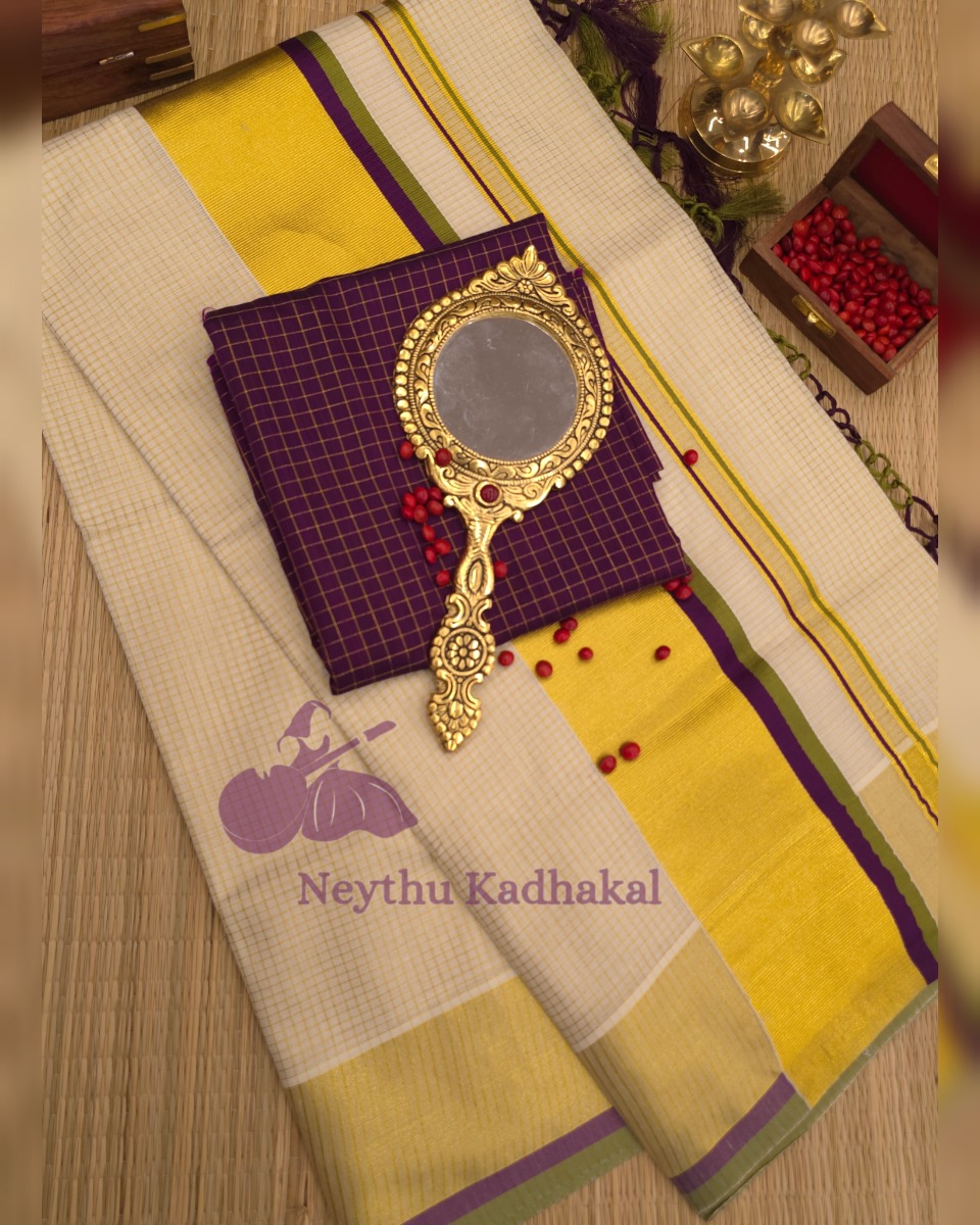 Purple & Olive Green - Checked Kasav With Tassels