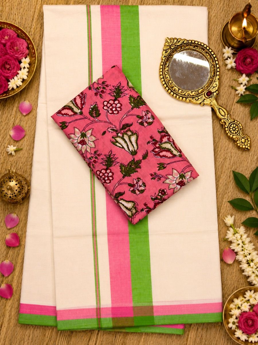 Pink & Green - Chemandhikkara Set Saree
