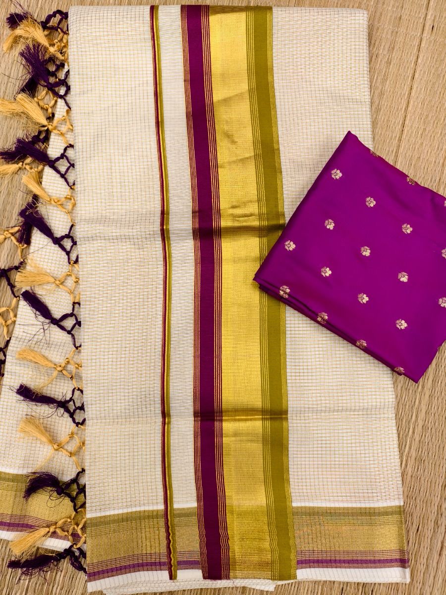 Checked Kasav Saree With Tussels - Purple & OliveGreen - Kara With Kasav