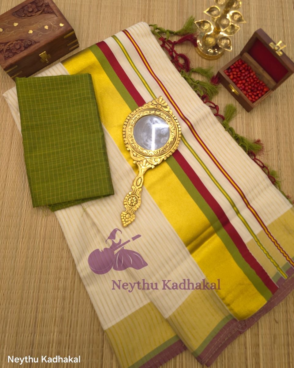 Maroon & LimeGreen Kasav Line With Tassels - Kara With Kasav SS