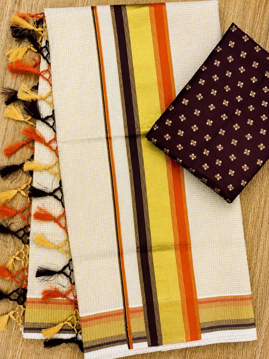 Checked Kasav Saree With Tussels - CoffeeBrown & Orange - Kara With Kasav