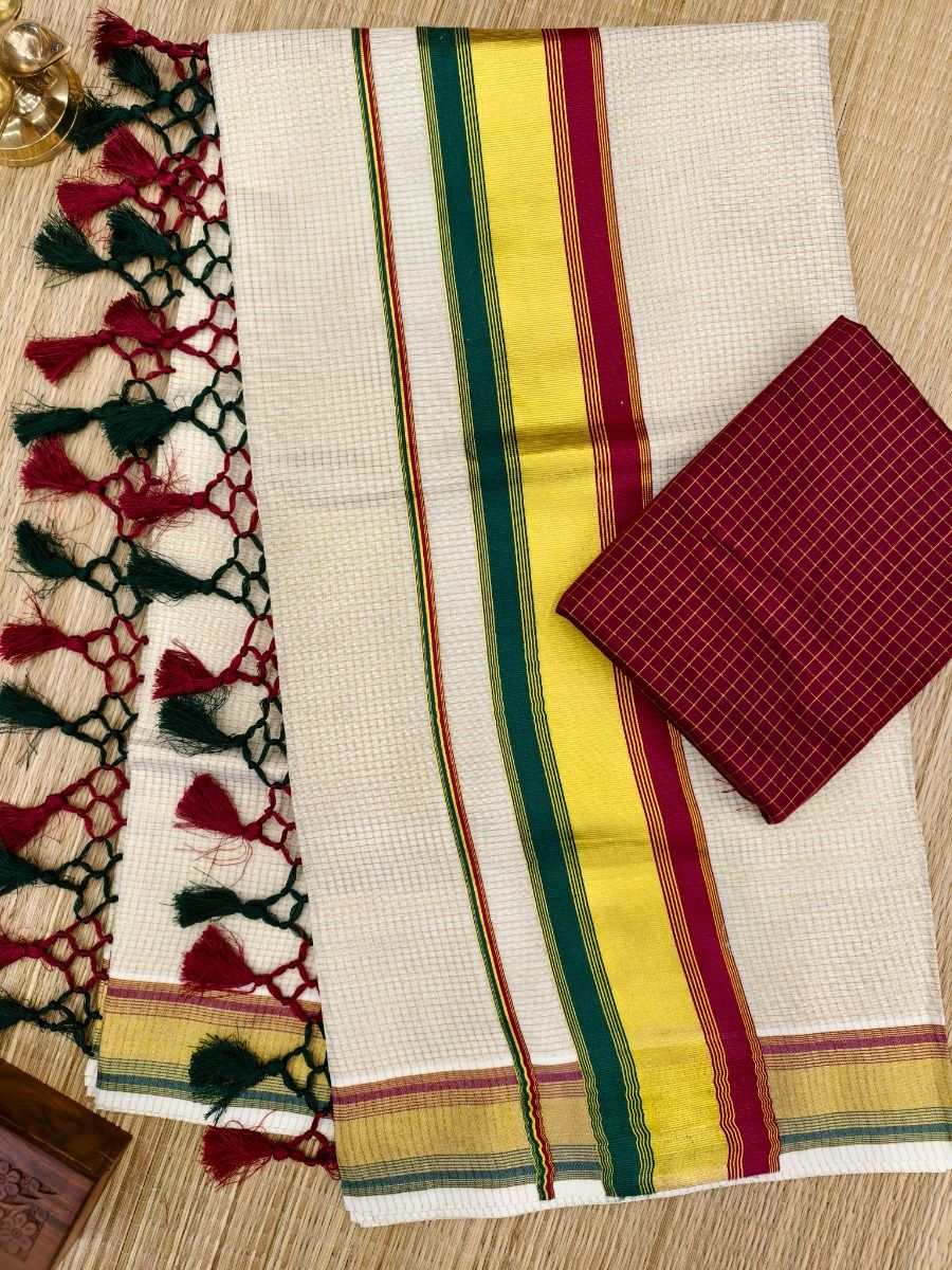 Cheked Kasav Saree With Tussels - Maroon & DarkGreen - Kara With Kasav