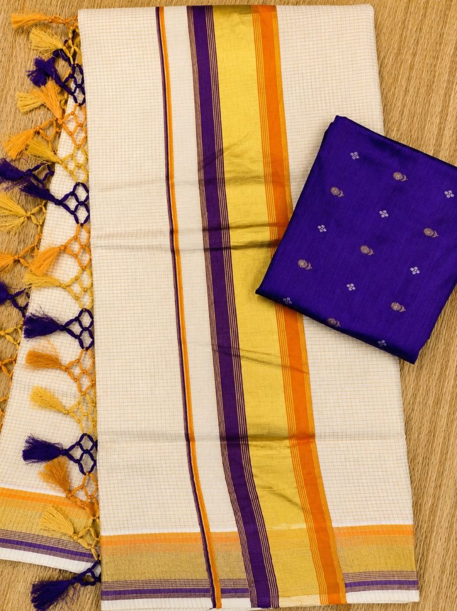 Checked Kasav Saree With Tussels - Violet & Orange - Kara With Kasav