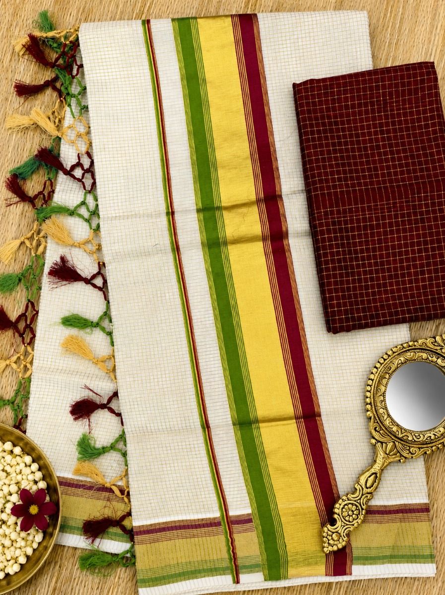 Checked Kasav Saree With Tussels - LightGreen & Maroon - Kara With Kasav