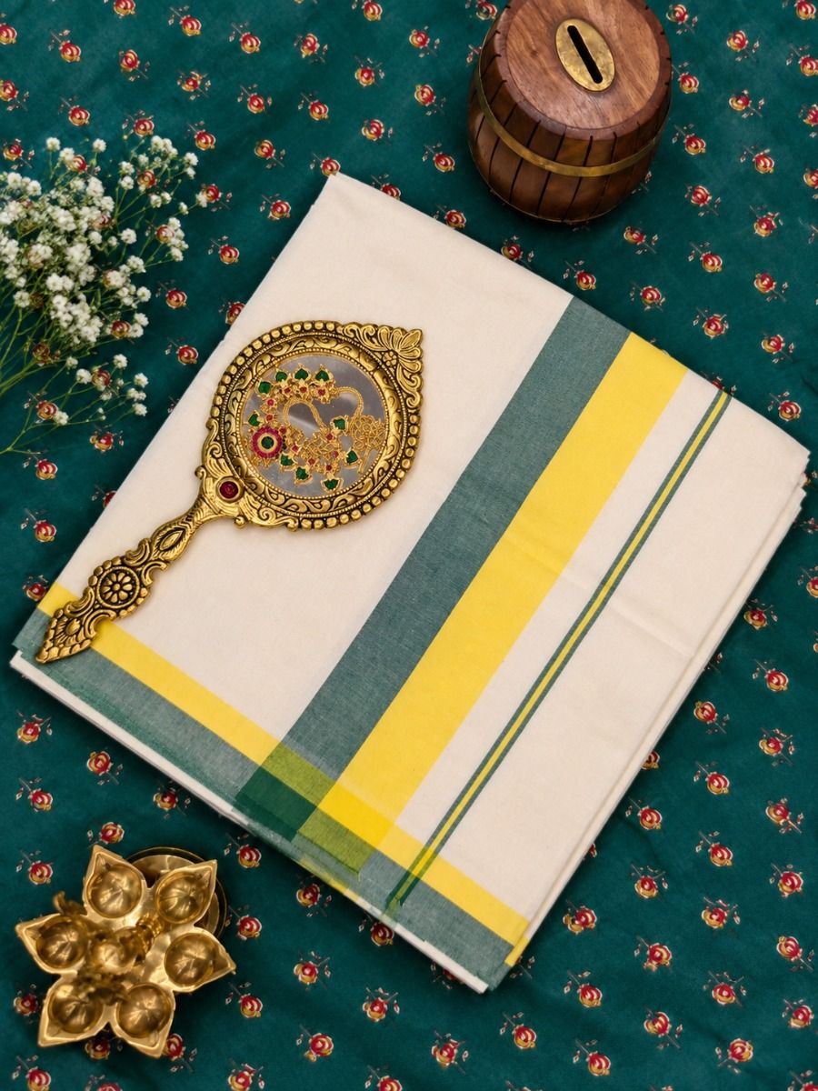  CharcolGreen & LimeYellow - Chemandhikkara Set Saree