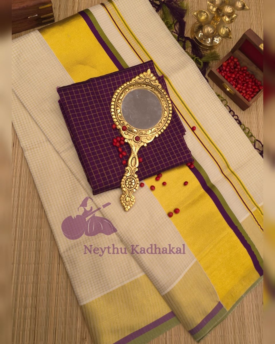 Purple & Olive Green - Checked Kasav With Tassels