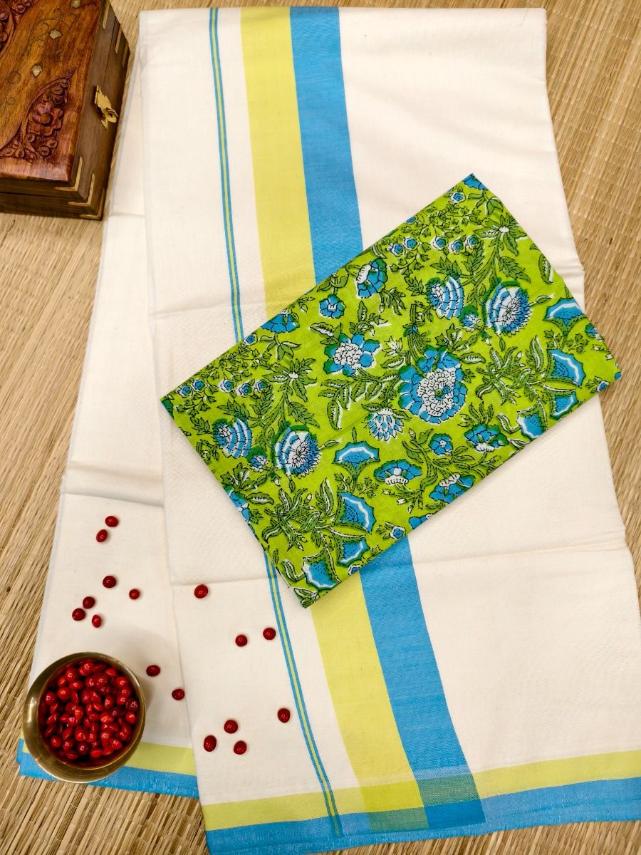 SkyBlue & LimeYellow - Chemandhikkara Set Saree thumbnail 2