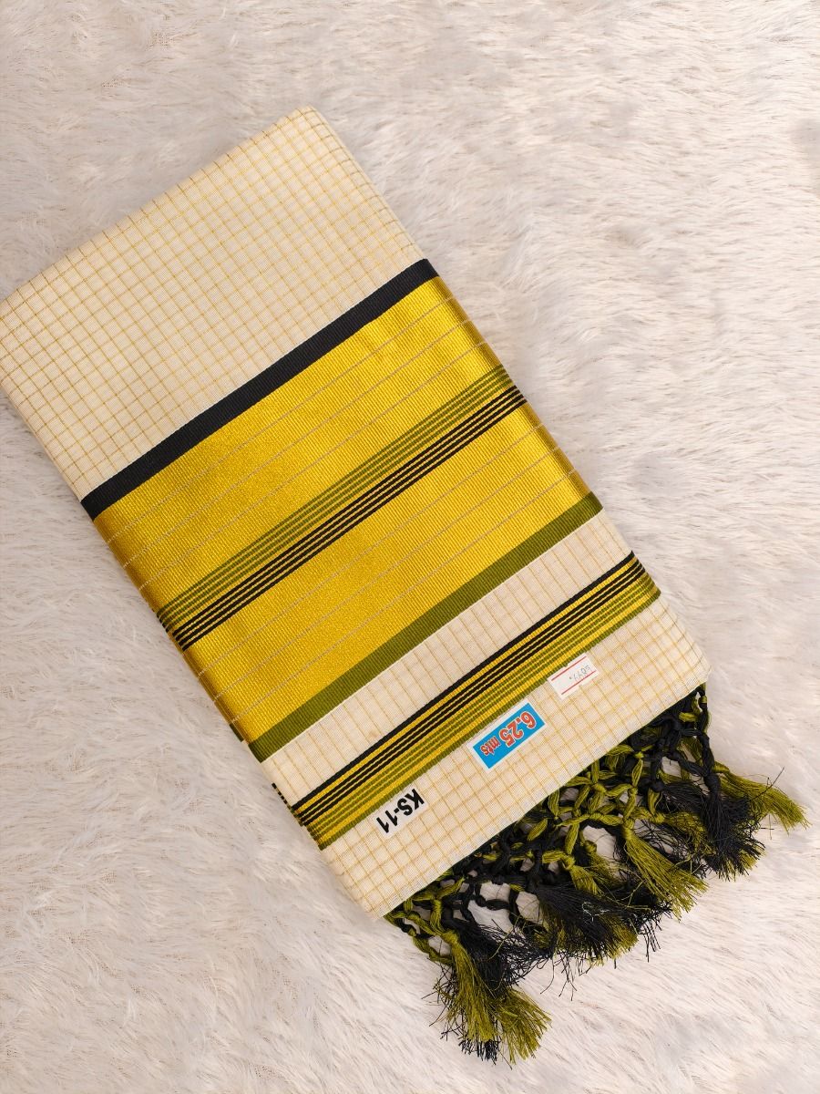 Black & Olive Green - Chequed Kasav With Tussels thumbnail 3