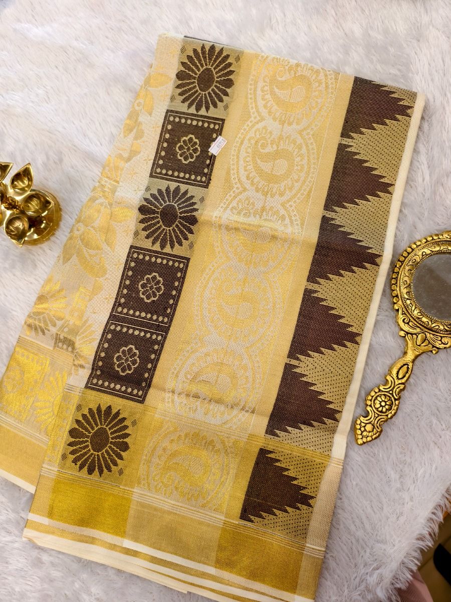 COTTON BOR COLOR PUTTA KASAVU SET - Coffee Brown & Kasavu Set Saree