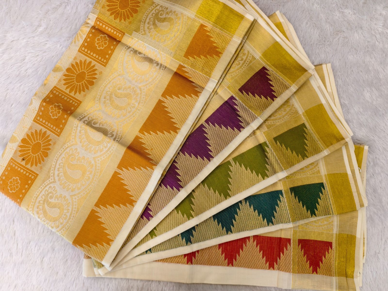 COTTON BOR COLOR PUTTA KASAVU SET - Orange & Kasavu Woked Set Saree thumbnail 2