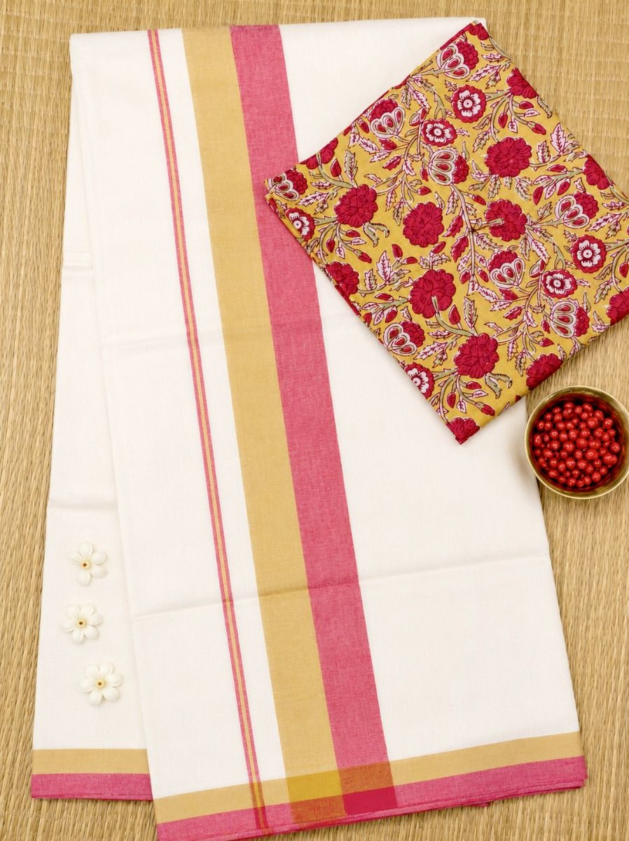MustardYellow & RosePink - Chemandhikkara Set Saree thumbnail 2
