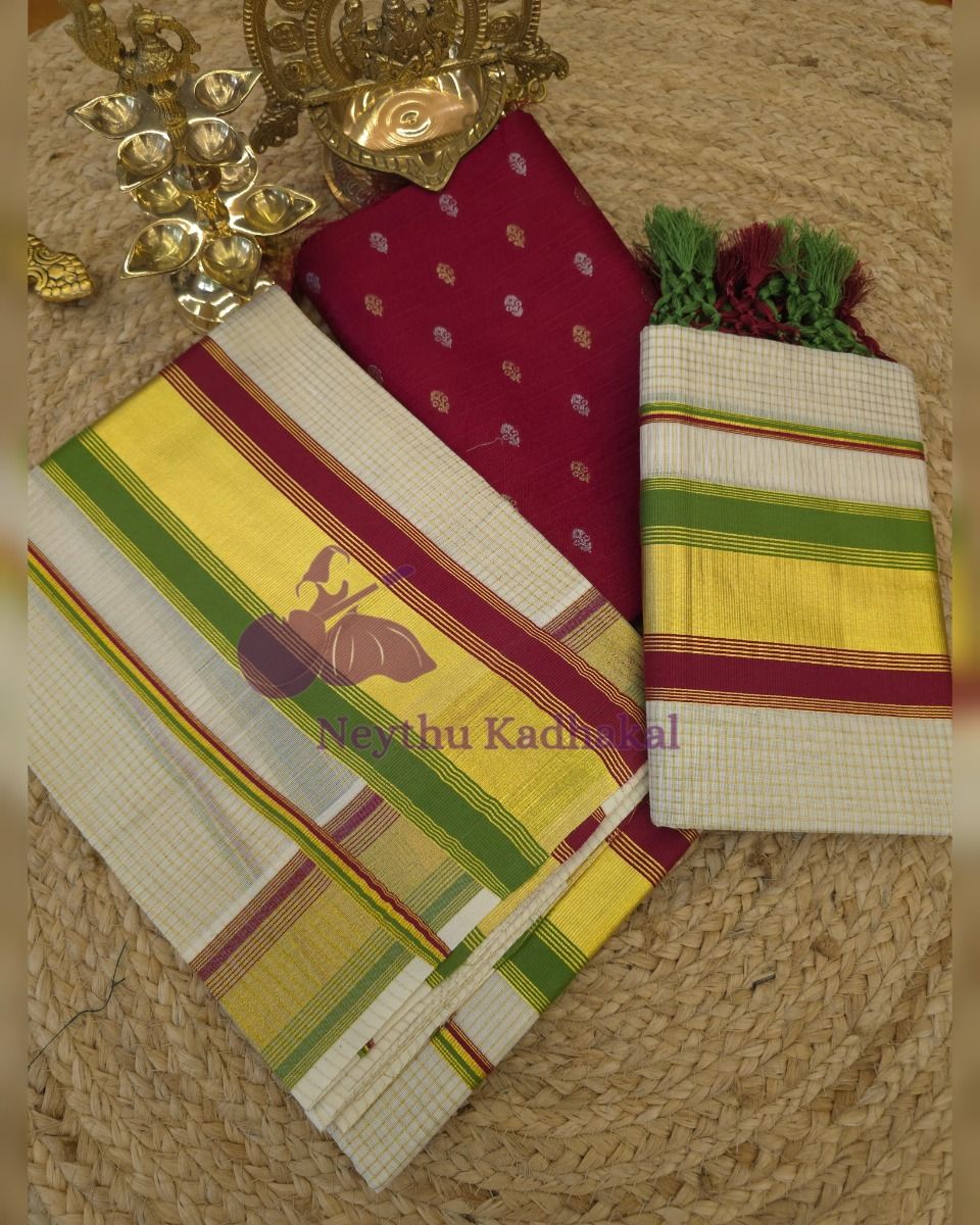 MICRO CHECKED SPECIAL With Tassels - Green & Maroon - Kara With Kasav SM thumbnail 2