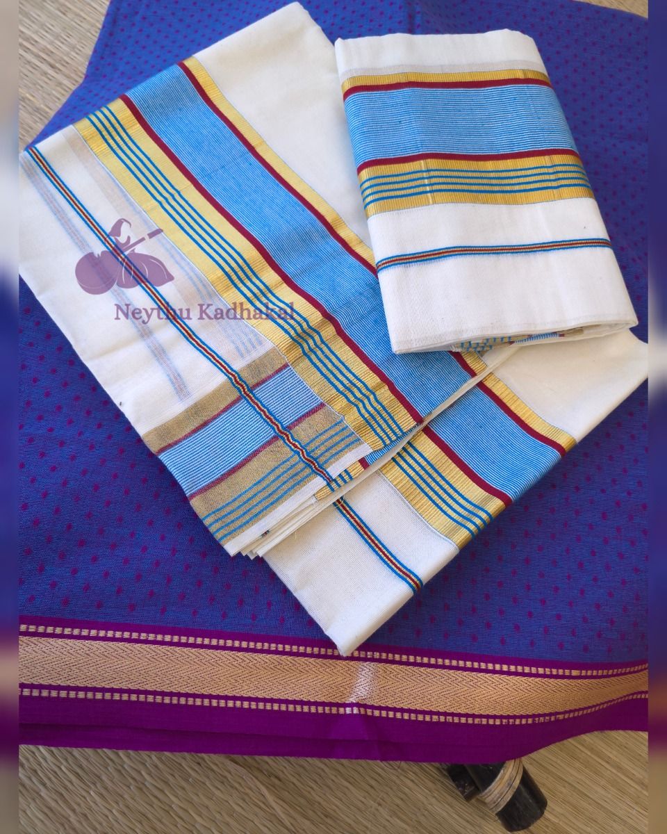 Sky Blue With Magentha Border - Kara With Kasav