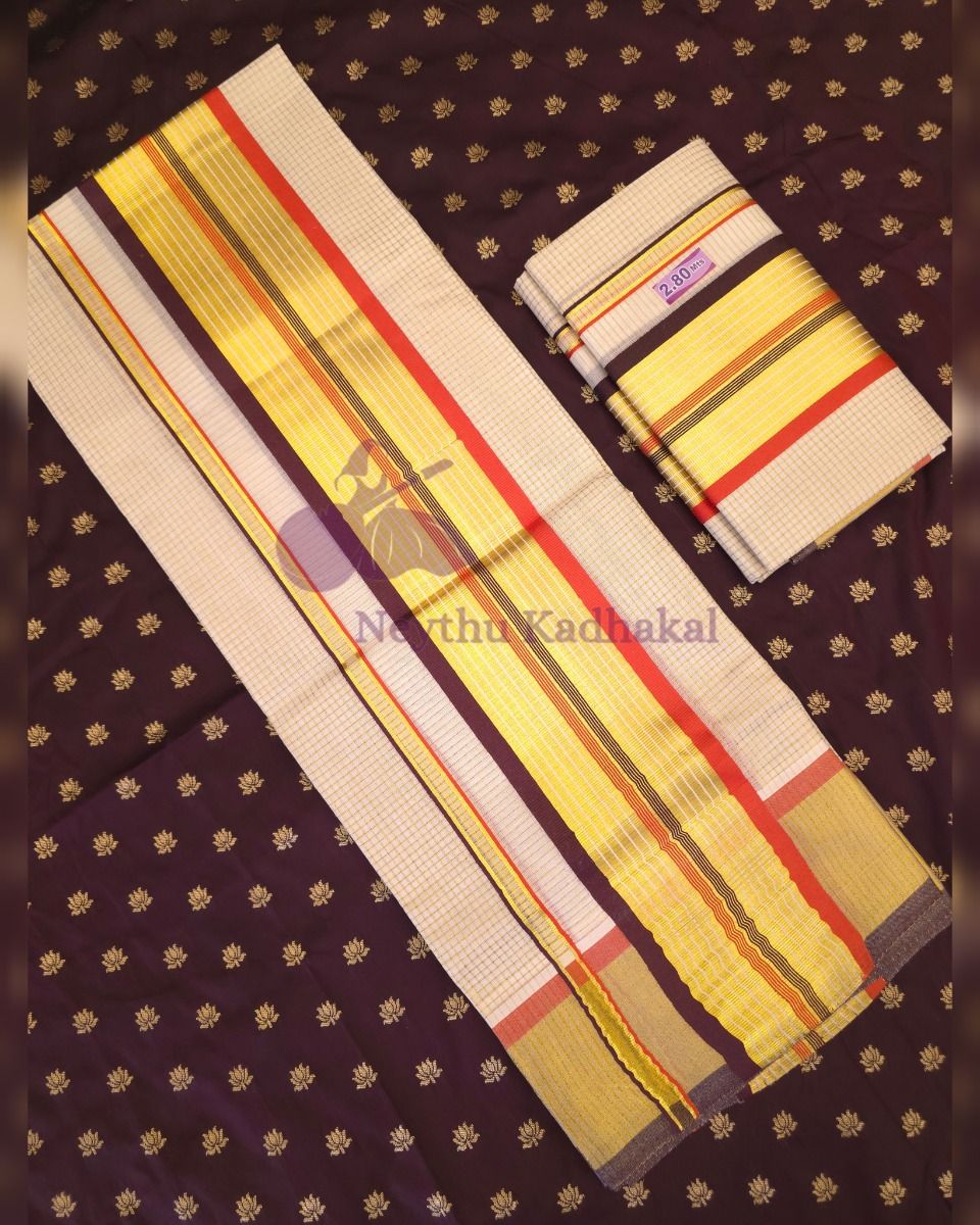 4*4 MICRO CHEQUE LJ Set Mund - Brown & Orange Goldenline Kasavu
