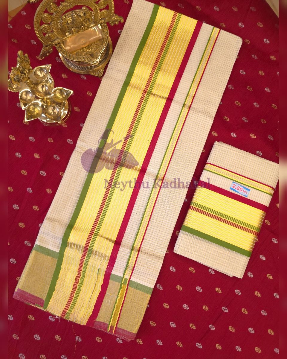 4*4 MICRO CHECKED SPECIAL Set Mund - Lightgreen & Meroon Center Golden Kasavu