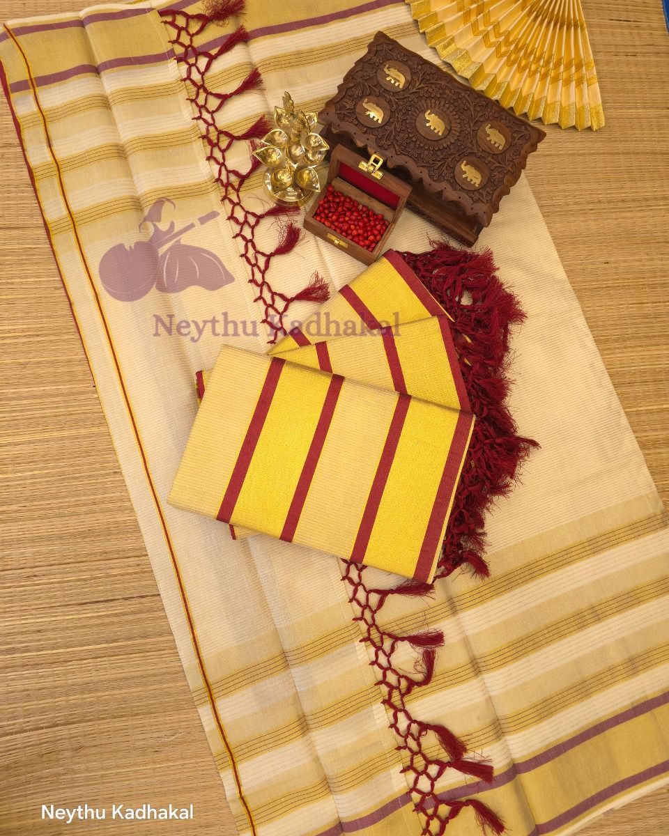 Golden Kasav With Meroon Border - Kara With Kasav thumbnail 3