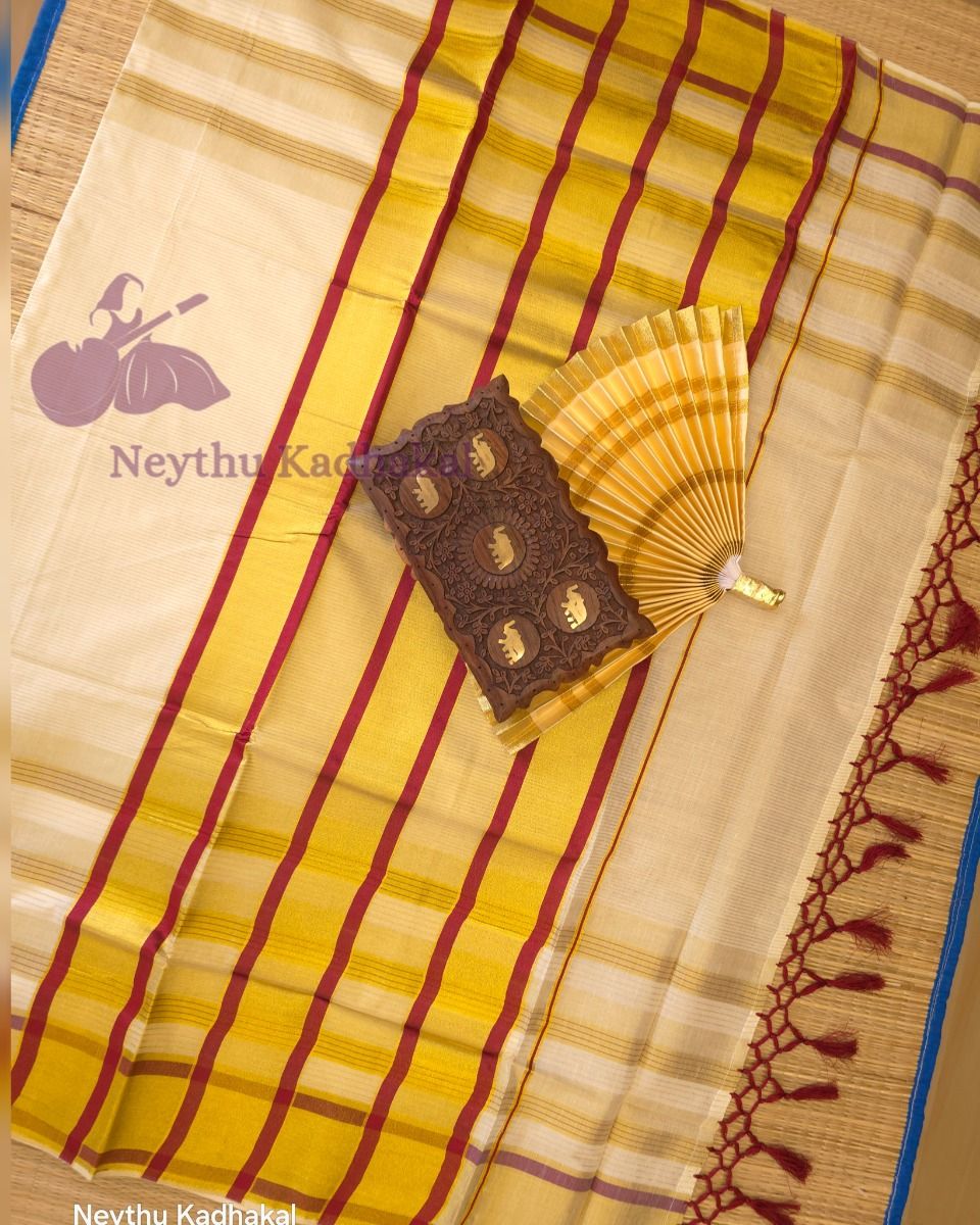 Golden Kasav With Meroon Border - Kara With Kasav thumbnail 2