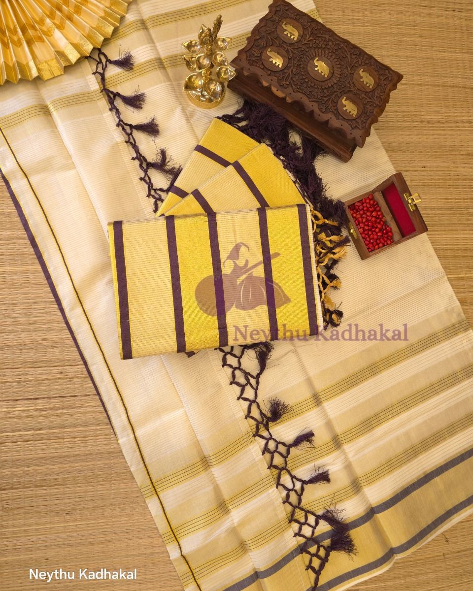 Golden Kasav With Purple Border - Kara With Kasav thumbnail 2