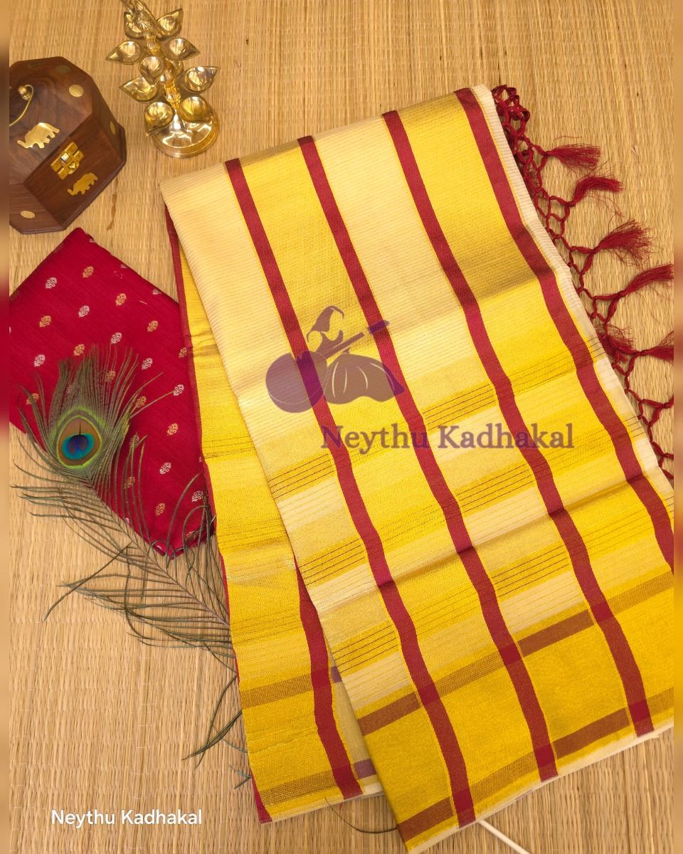 Golden Kasav With Meroon Border - Kara With Kasav