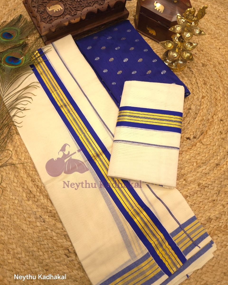 Kara  with kasavu- Blue With 2Inch Golden Kara - view 1