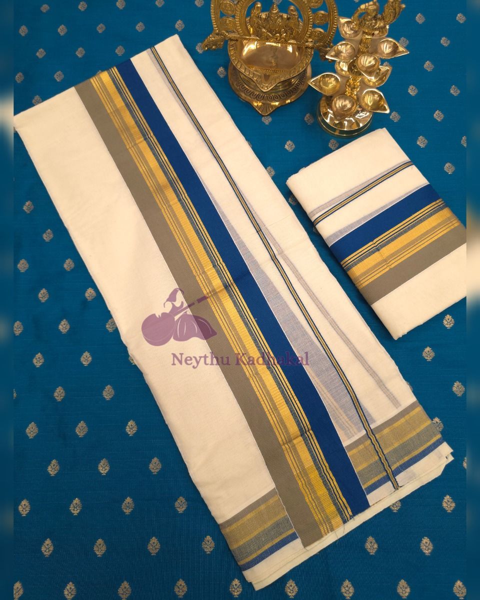 Royal Blue &  Ash Creame - Kara With Kasavu