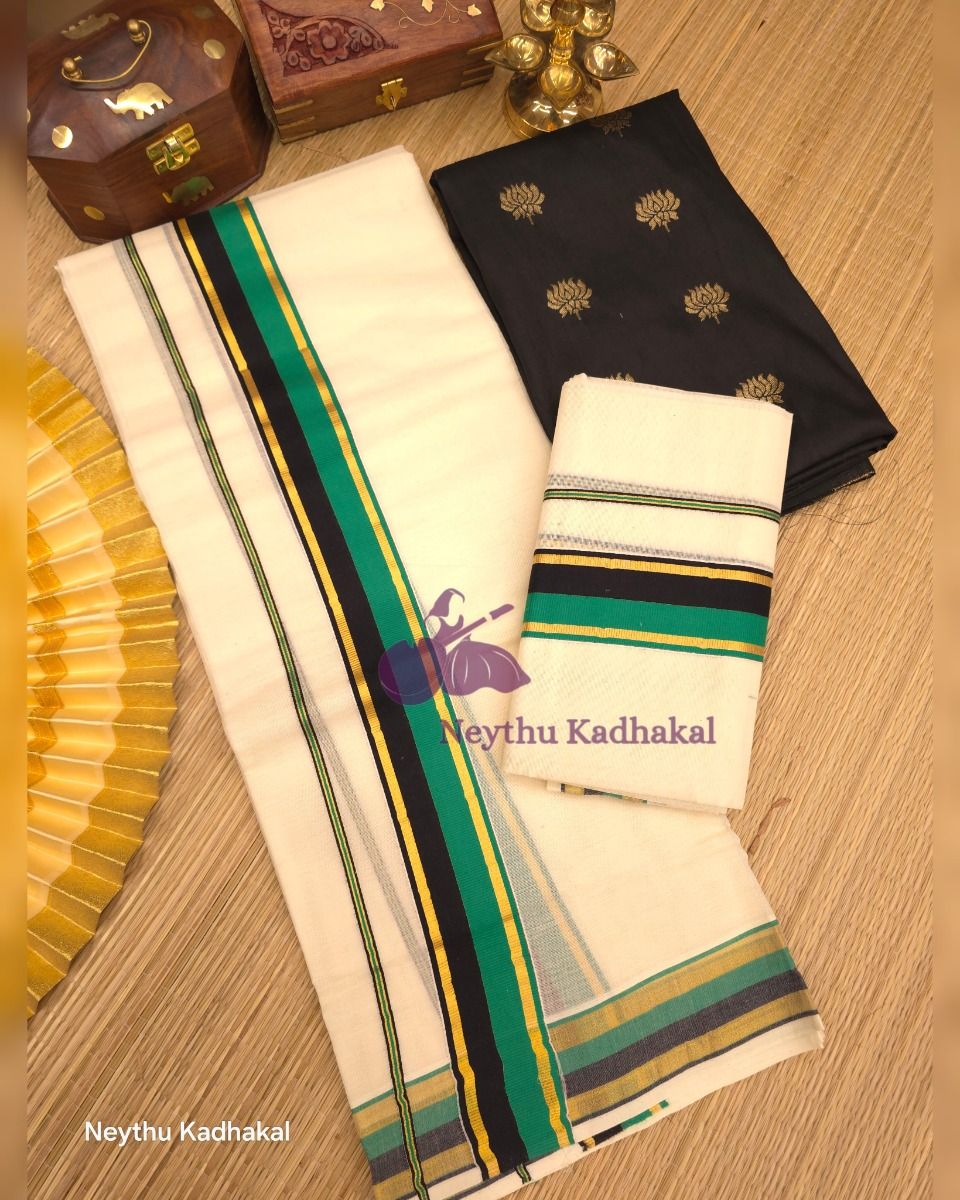 Black & TealGreen With Kasav Border - Kara With Kasav