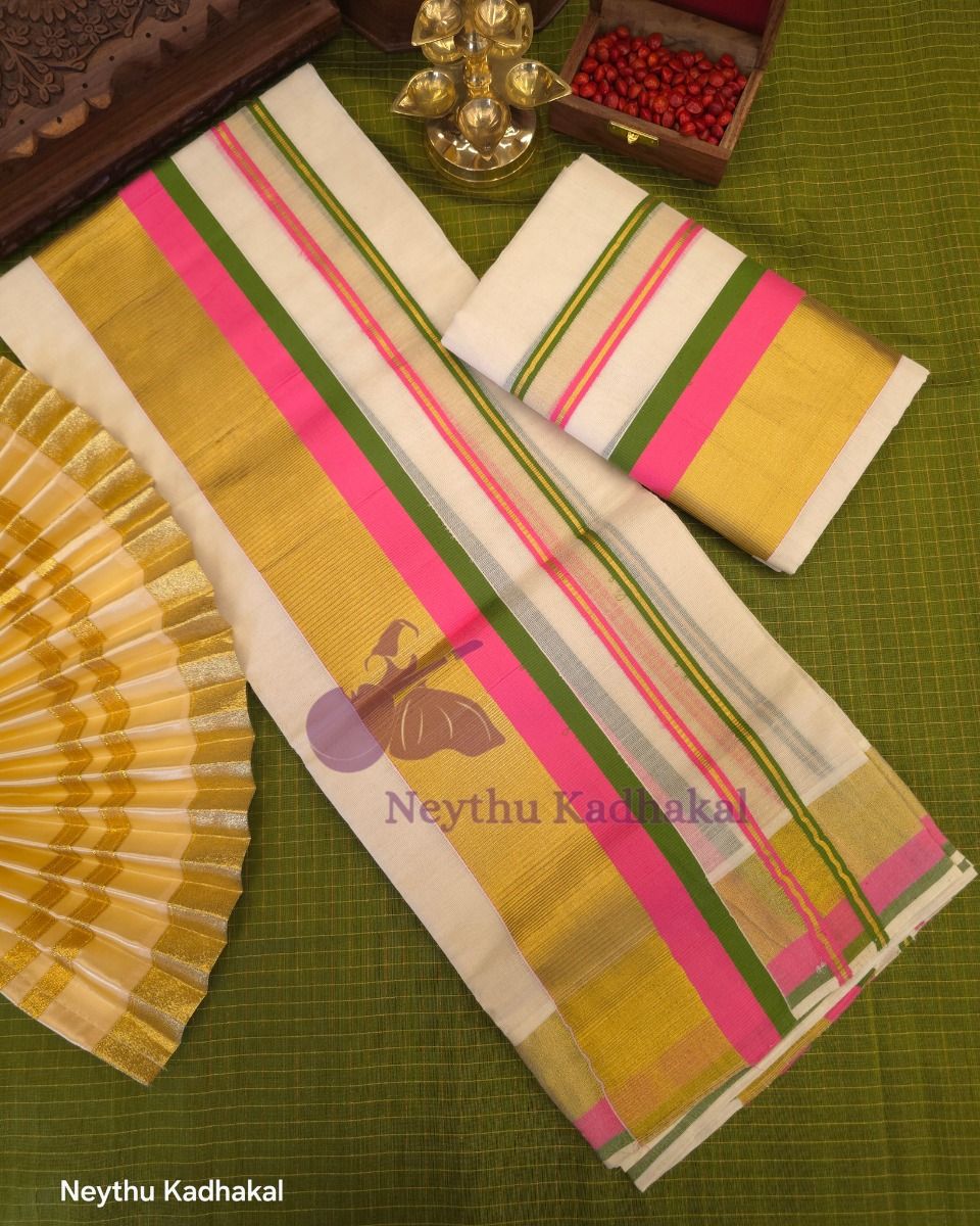 KOTTARAM Set Mund - Pink & LightGreen With Golden Kasavu