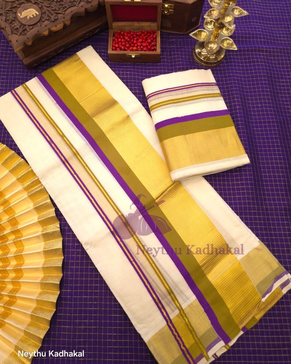 KOTTARAM Set Mund - MustradYellow & Violet With Golden Kasav