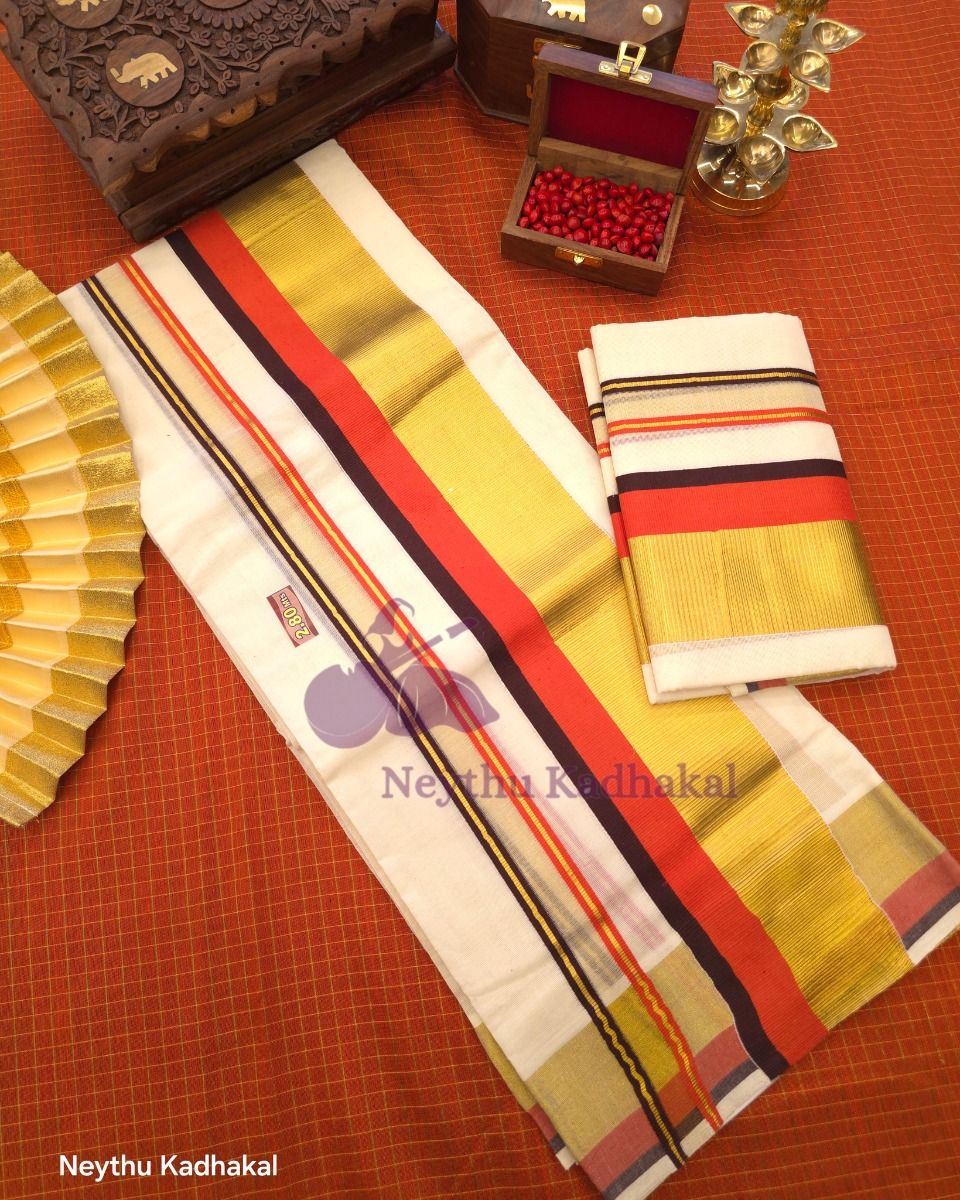 KOTTARAM Set Mund - Cofee Brown & Orange With Golden Kasavu