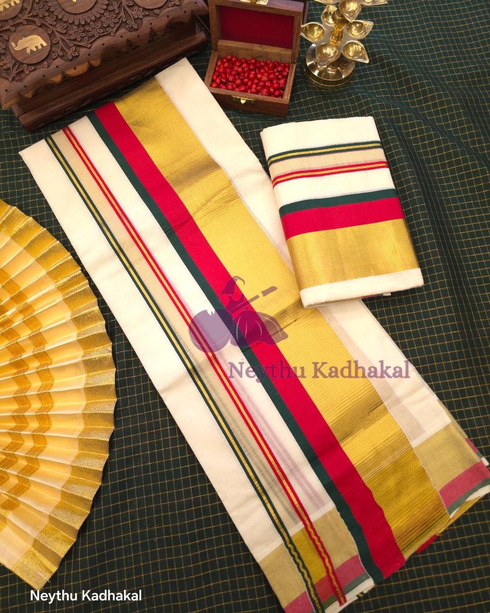  KOTTARAM Set Mund - Darkgreen & Red With Golden Kasavu