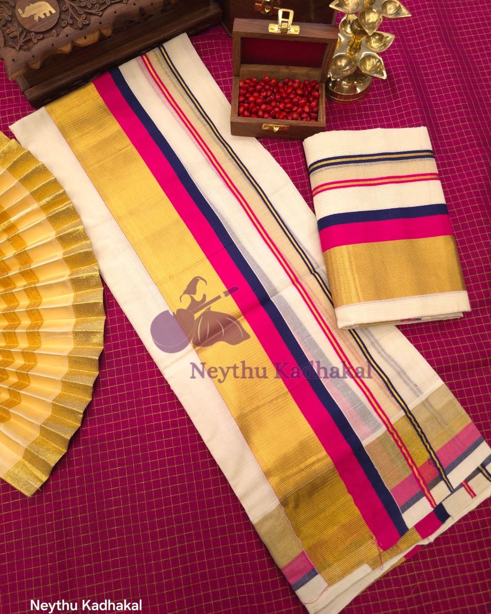 KOTTARAM Set Mund - Dark Blue & Pink With Golden Kasavu