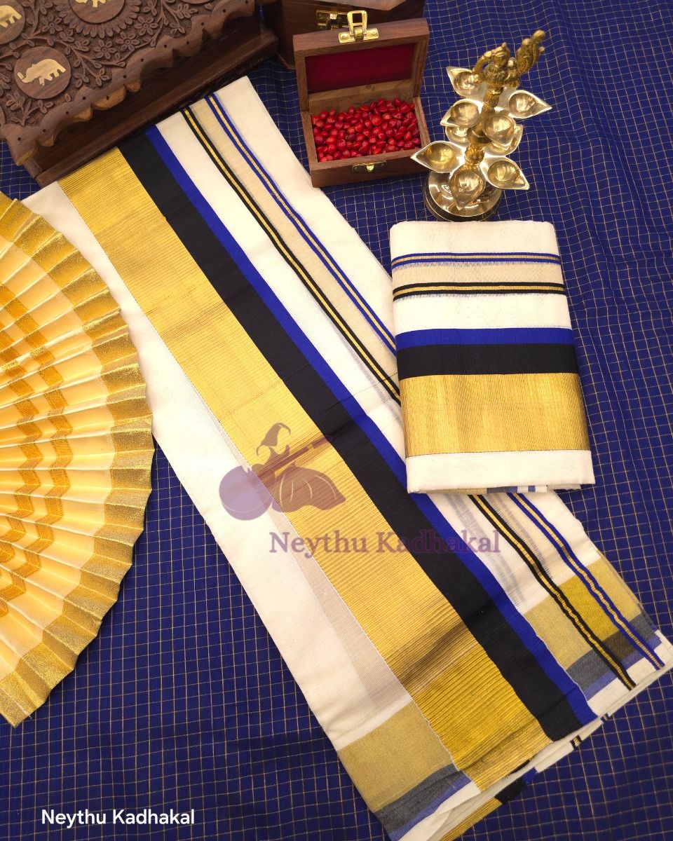  KOTTARAM Set Mund - Royal Blue & Black With Golden Kasavu