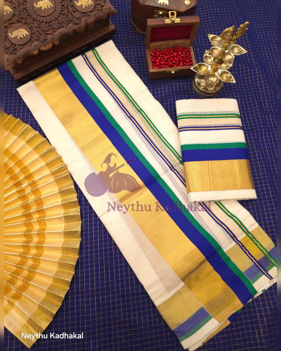 KOTTARAM Set Mund - TealGreen & RoyalBlue With Golden Kasav