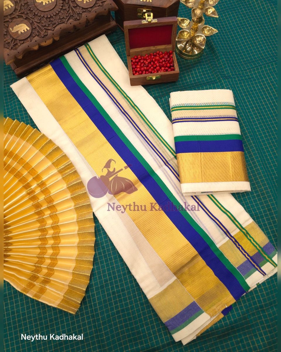 KOTTARAM Set Mund - TealGreen & RoyalBlue With Golden Kasav thumbnail 2