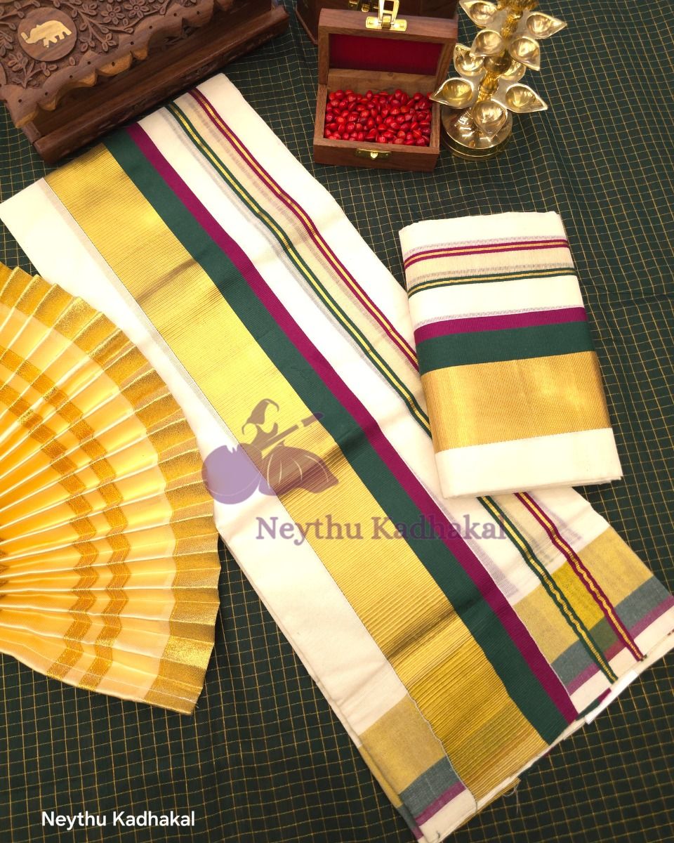 KOTTARAM Set Mund - Darkgreen & Meroon With Golden Kasavu