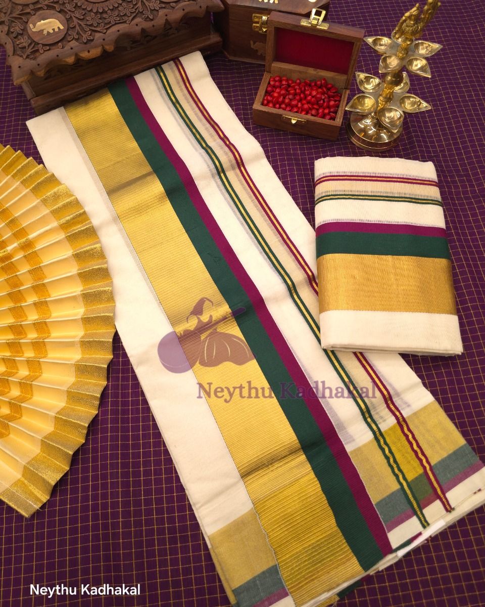 KOTTARAM Set Mund - Darkgreen & Meroon With Golden Kasavu thumbnail 2