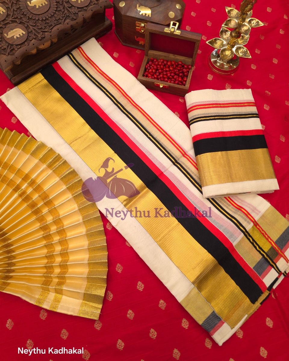  KOTTARAM Set Mund - Black & BrickRed With Golden Kasavu