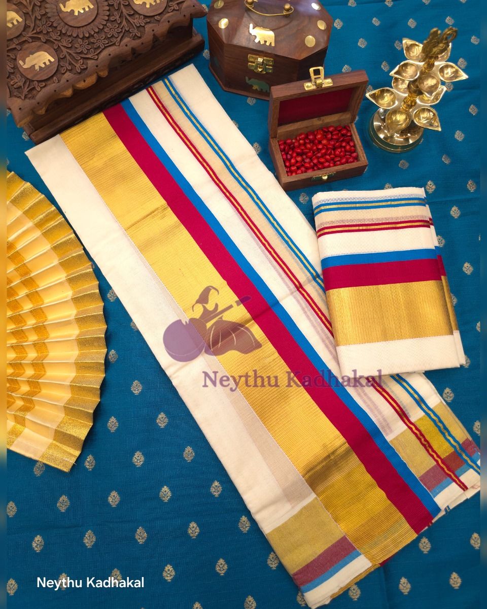KOTTARAM Set Mund - Sky Blue & Meroon With Golden Kasavu