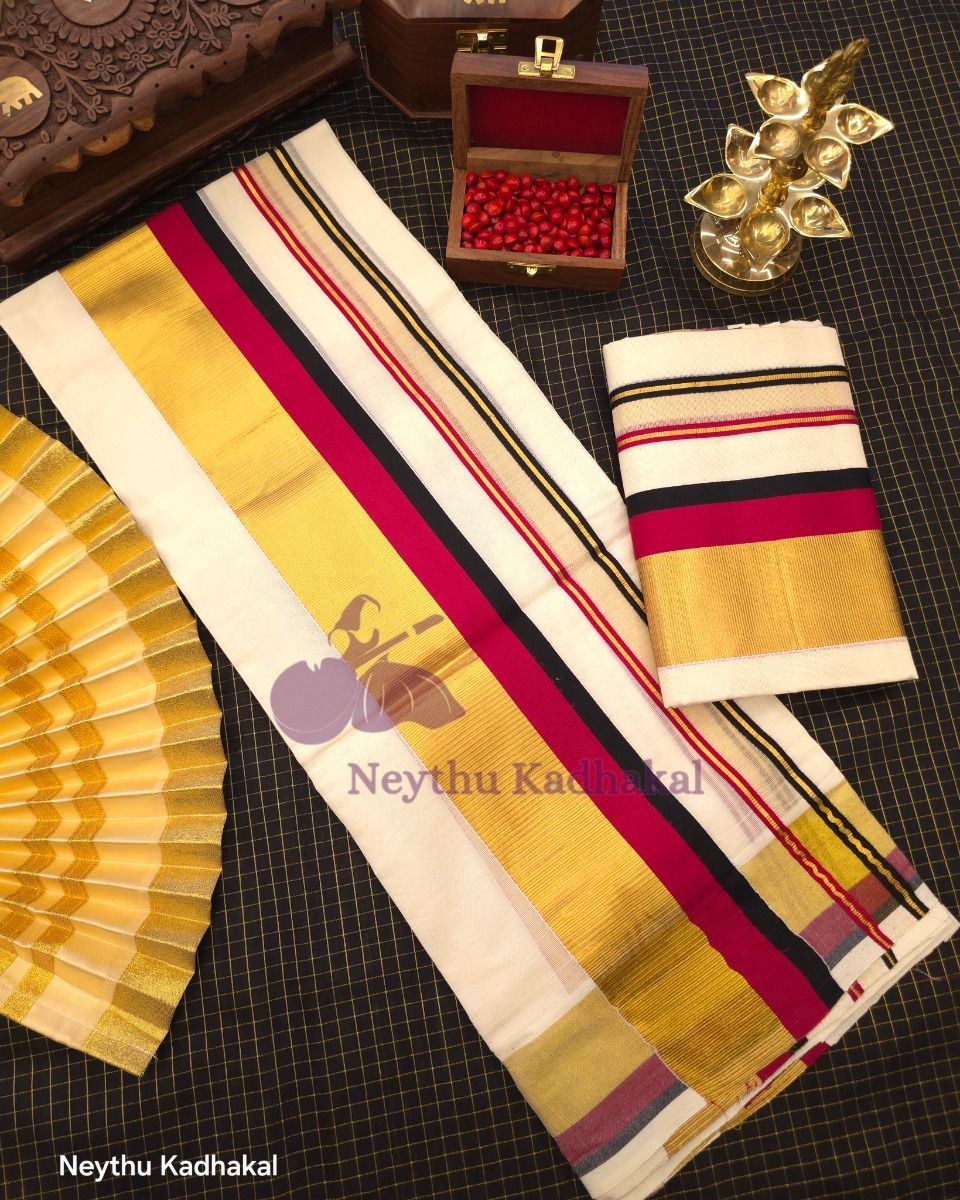 KOTTARAM Set Mund - Black & Meroon With Golden Kasavu