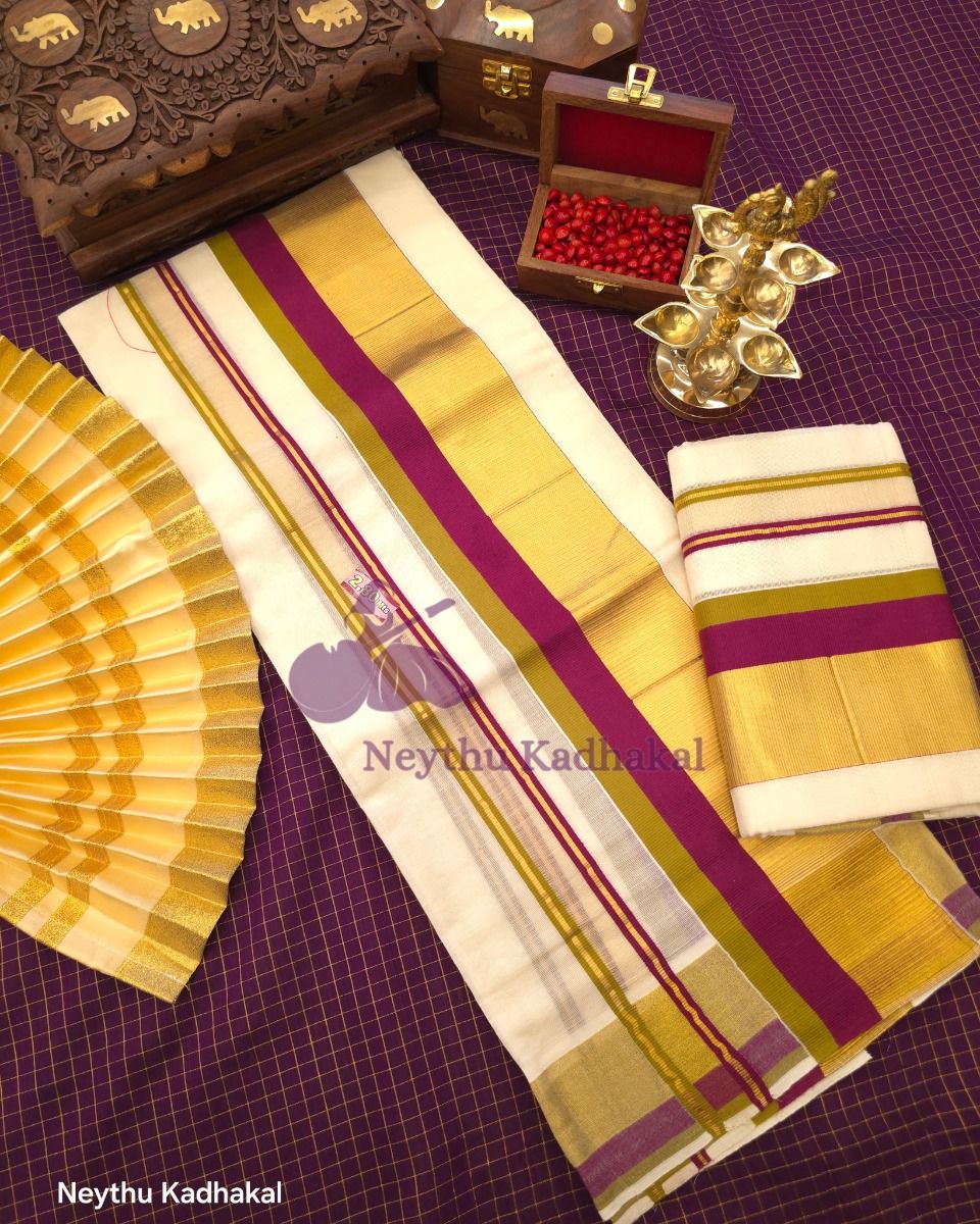 KOTTARAM Set Mund -  GreenGram & Meroon With Golden Kasavu