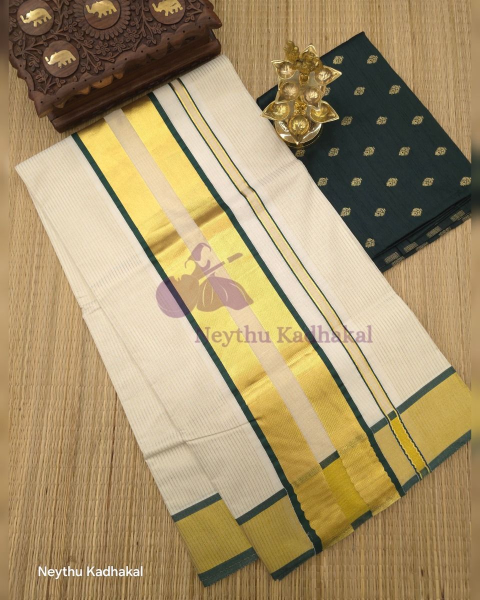 DarkGreen Border With Golden Kasav - Kara With Kasav