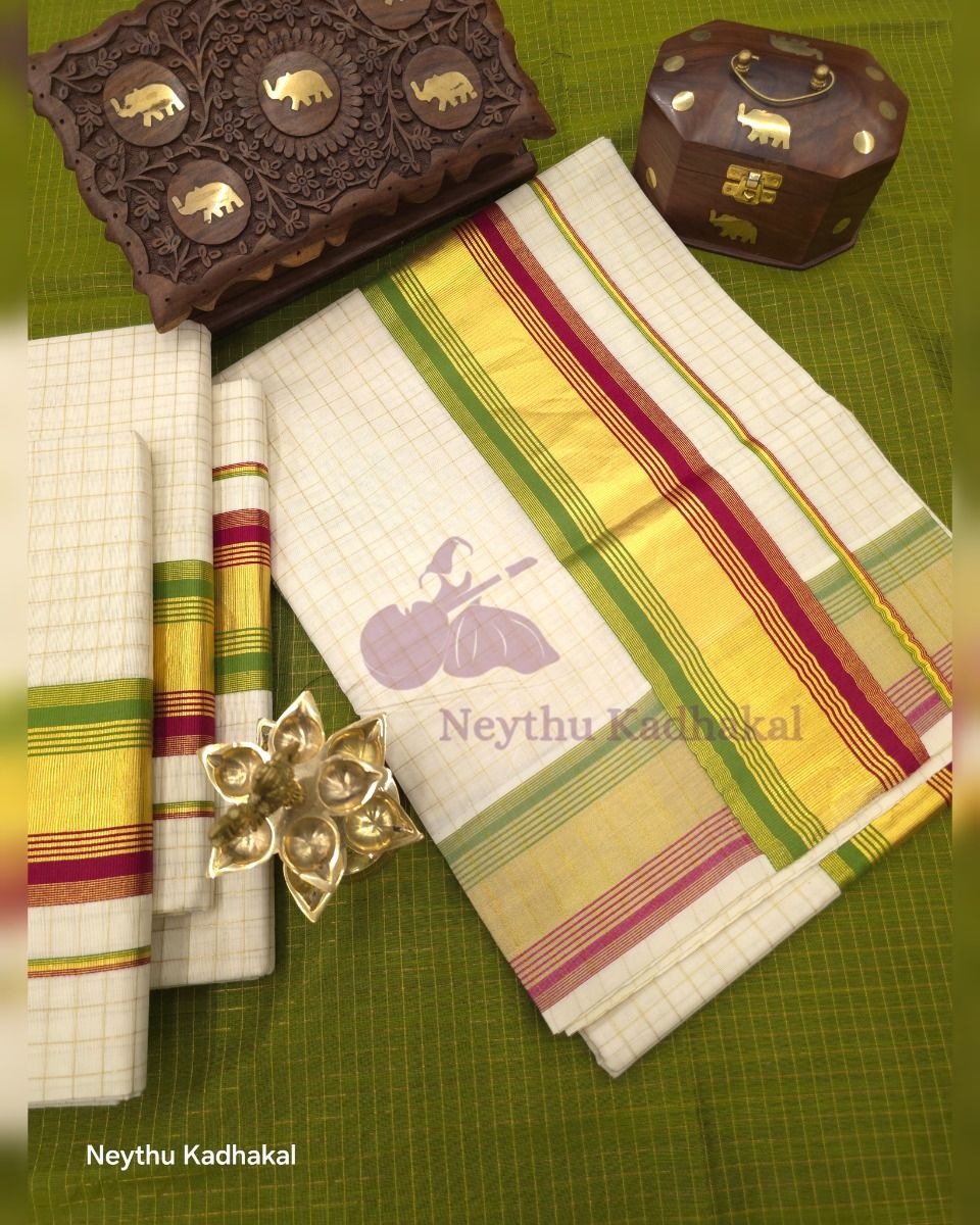 Checked Kasav With Green & Maroon - Kara With Kasav thumbnail 2