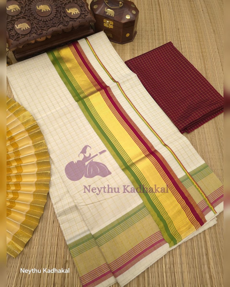 Checked Kasav With Green & Maroon - Kasav