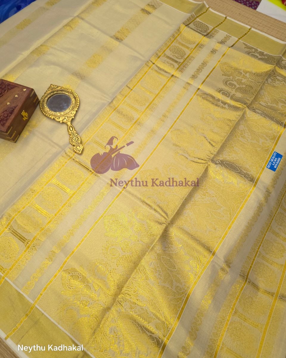 Tissue Kasav With Small Peacock Worked - Kasav thumbnail 2