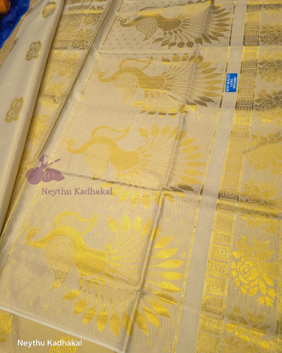 Tissue Kasav With Peacock Worked - Kasav