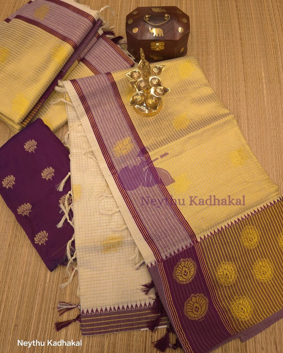 Checked Purple Kasav Set Saree - Kara With Kasav