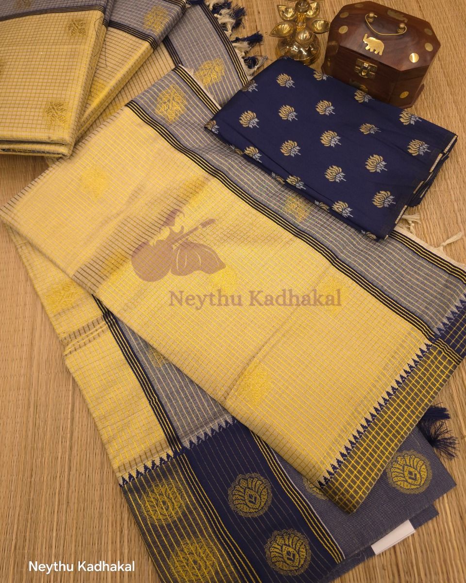 Checked RoyalBlue Kasav Set Saree - Kara With Kasav