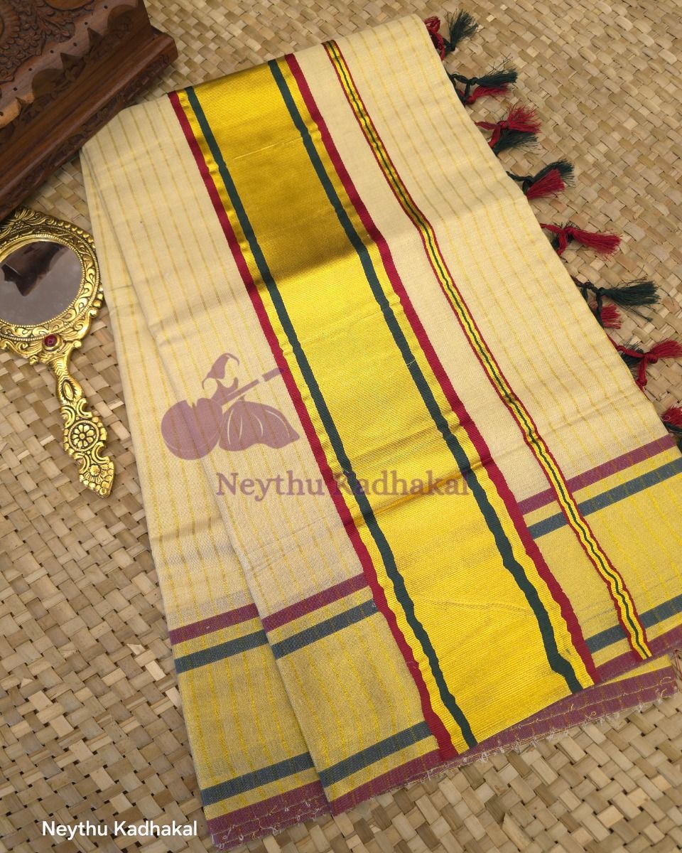 Maroon & Bottle Green - Tissue Saree with Lines & Tassels