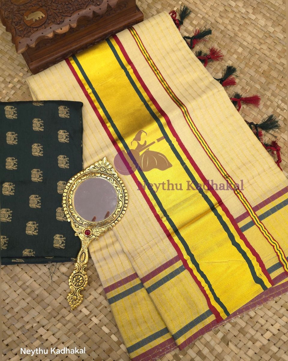 Maroon & Bottle Green - Tissue Saree with Lines & Tassels thumbnail 2